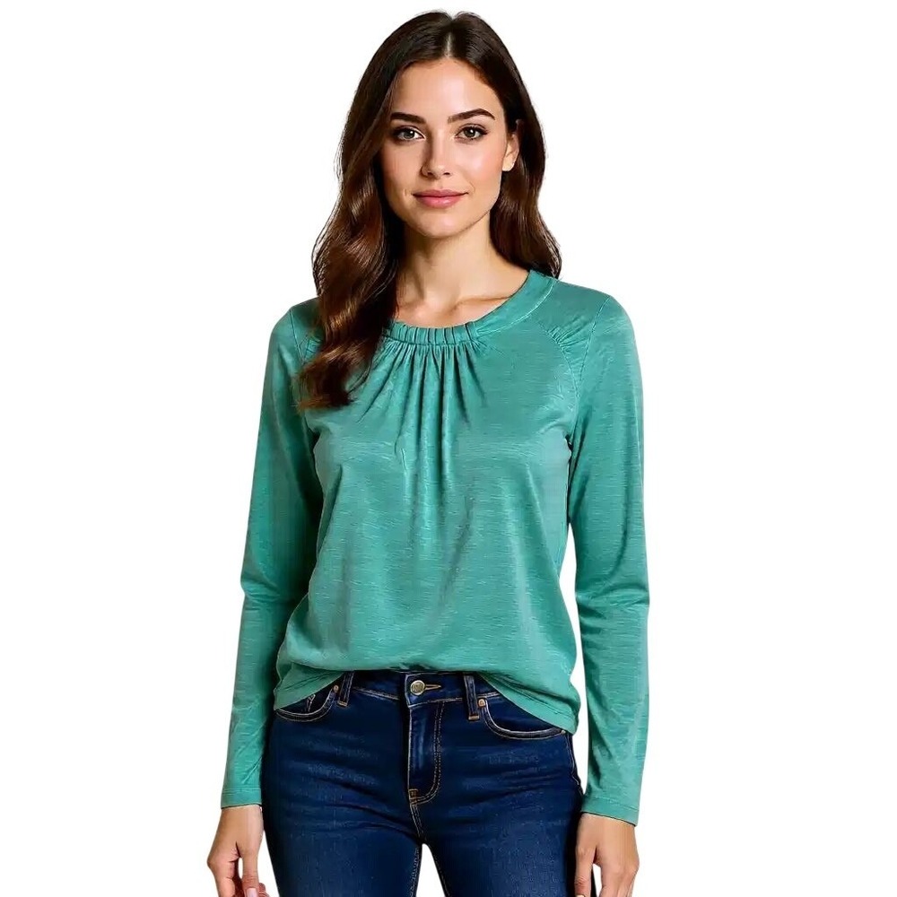 Kenneth Cole New York Green Gathered Neck Long Sleeve Blouse Top‎ Women's Md NWT
